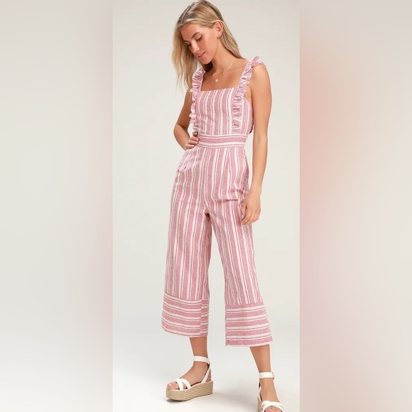 Lulus Linen Cotton White Red Striped Ruffle Culotte Jumpsuit Size Medium Romper - Picture 1 of 8